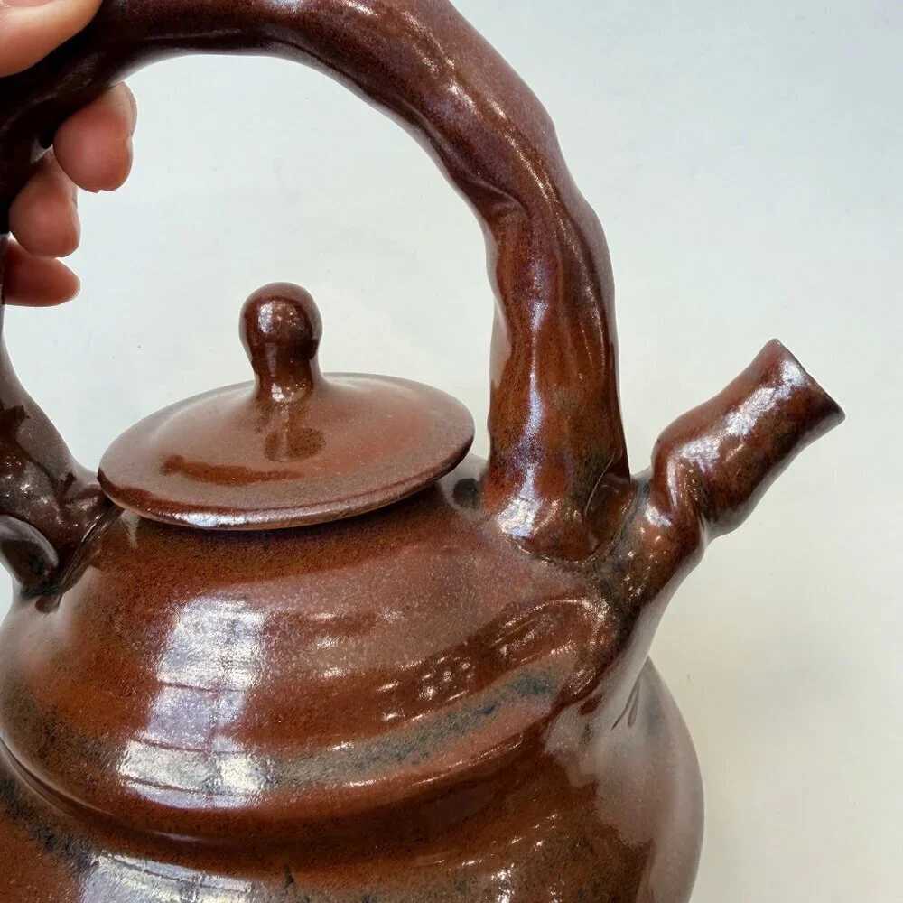 Vintage Artist-Made Signed Pottery Teapot Brown glazed Stoneware
